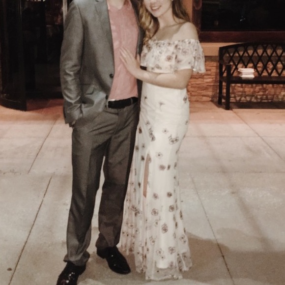 • blush embroidered floral off the shoulder gown • - Picture 2 of 16